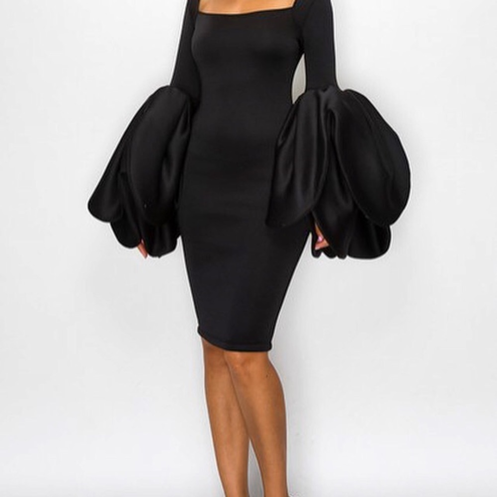 COPY - Last One! Black Peplum Sleeve MIDI Dress